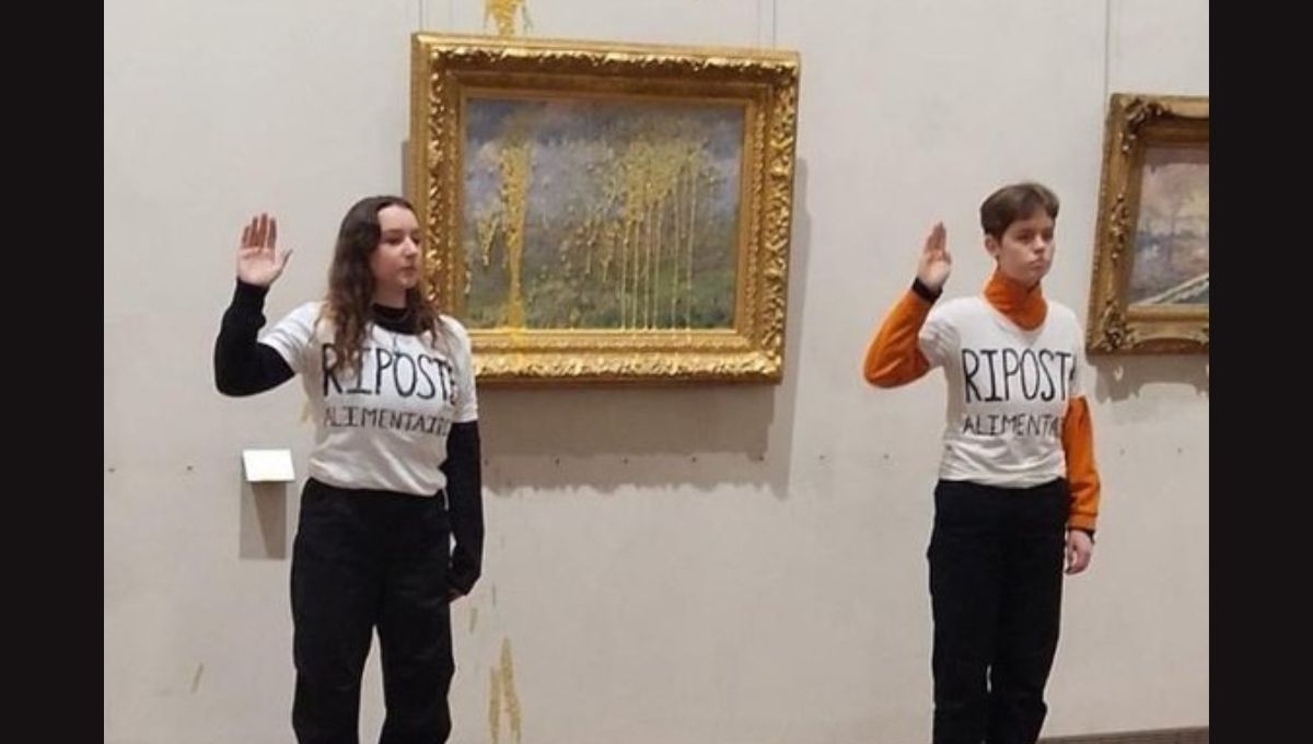 Dos activistas del grupo 'Riposte Alimentaire' lanzaron sopa contra un cuadro de Claude Monet, expuesto en el Museo de Bellas Artes de Lyon