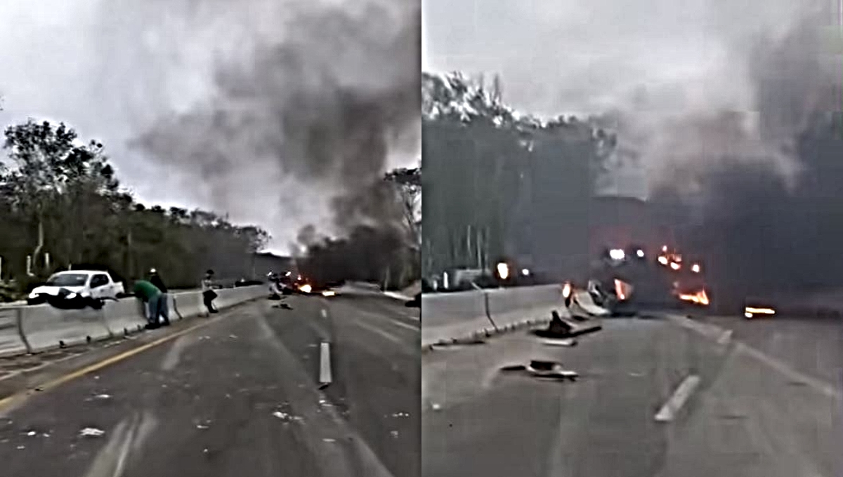 Tráiler vuelca y se incendia en la carretera Mérida-Cancún: VIDEO