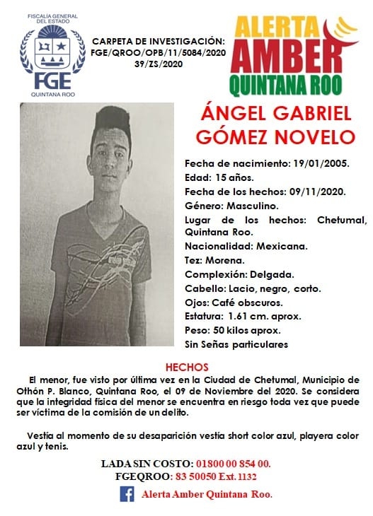 Emiten Alerta Amber para localizar a joven desaparecido en Chetumal