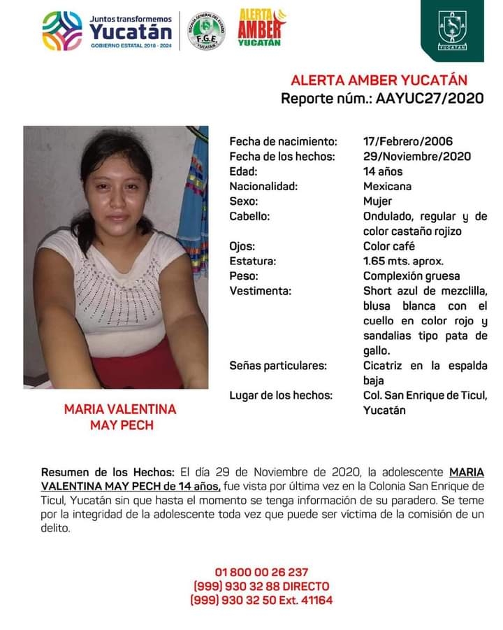 Activan Alerta Amber para localizar a una adolescente desaparecida en Ticul Yucatán