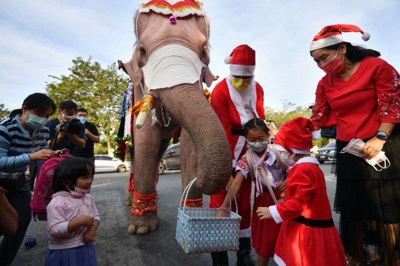 Santa Claus llega  a Tailandia en elefante y regala cubrebocas a niños