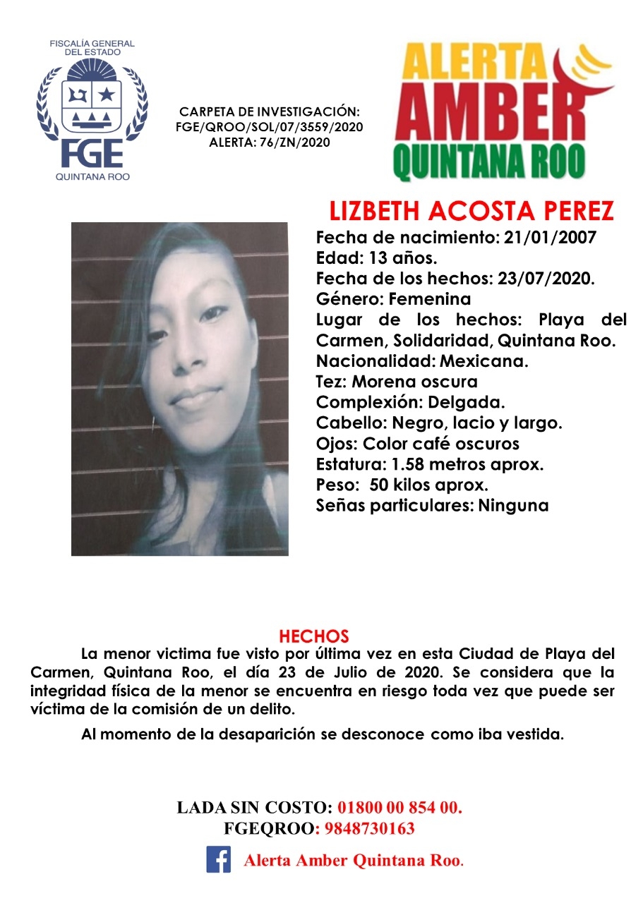 Autoridades buscan a niña de 13 años desaparecida en Playa del Carmen