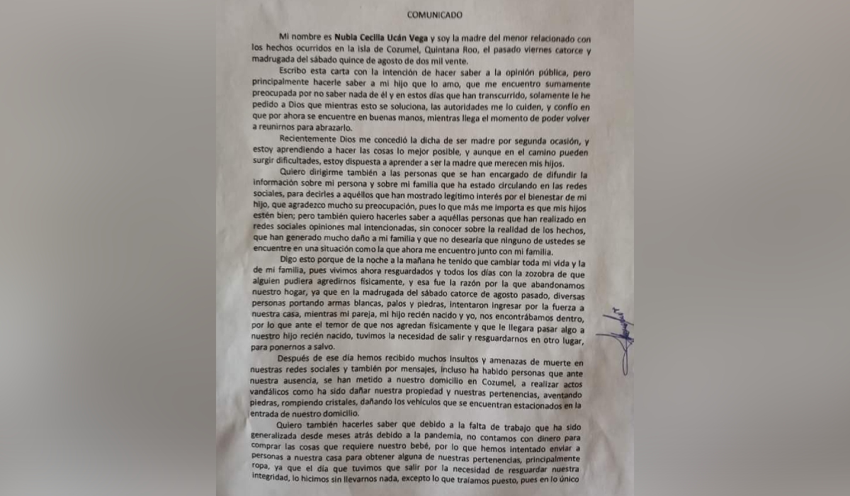 Madre del niño encontrado sin ropa en Cozumel envía carta a la opinión pública