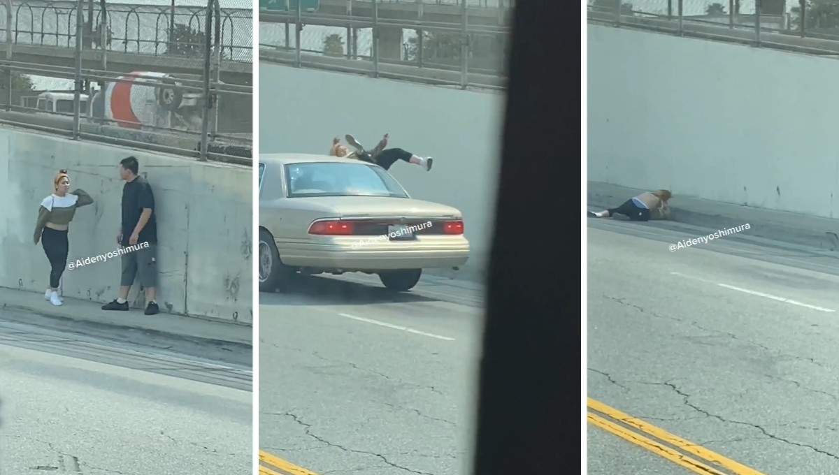 Mujer discute con su novio y se lanza contra un auto para que la atropelle (VIDEO)