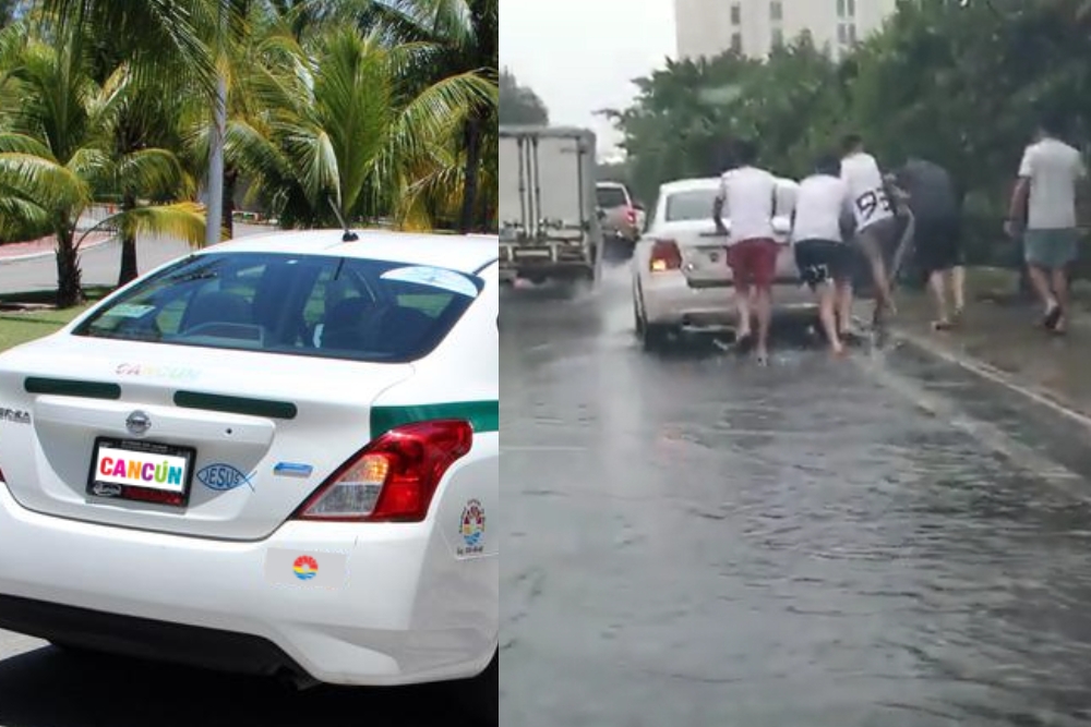Turistas extranjeros empujan taxi varado en la Zona Hotelera de Cancún: VIDEO