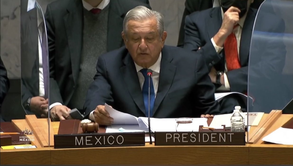 El presidente Andrés Manuel López Obrador participa la mañana de este martes en la sesión del Consejo de Seguridad de la Organización de las Naciones Unidas ONU en Nueva York