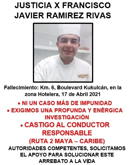Exigen justicia por un joven chef que murió atropellado en la Zona Hotelera de Cancún