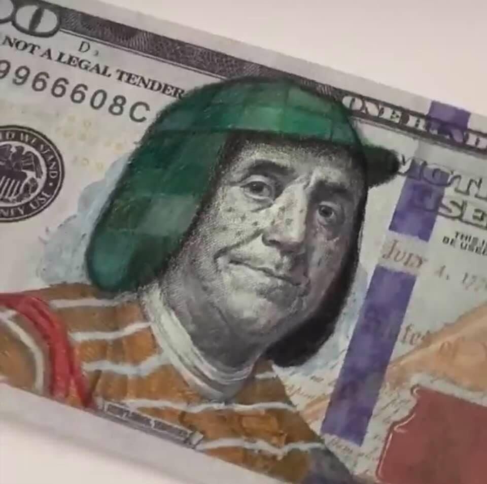 Plasman imagen de El Chavo del 8 en un billete de cien dólares