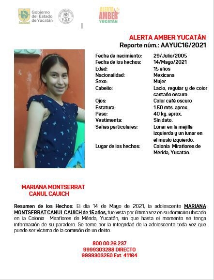 Activan Alerta Amber por desaparición de una adolescente de 15 años en Mérida
