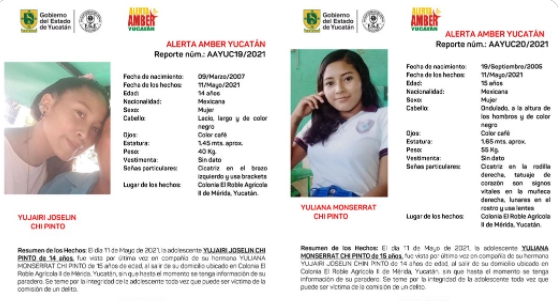 Activan Alerta Amber por desaparición de dos hermanas de 14 y 15 años en Mérida