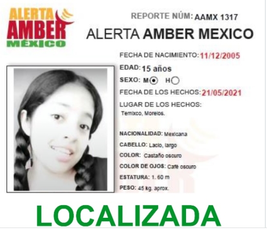 Alerta Amber: Localizan a menor de 15 años desaparecida en Temixco, Morelos