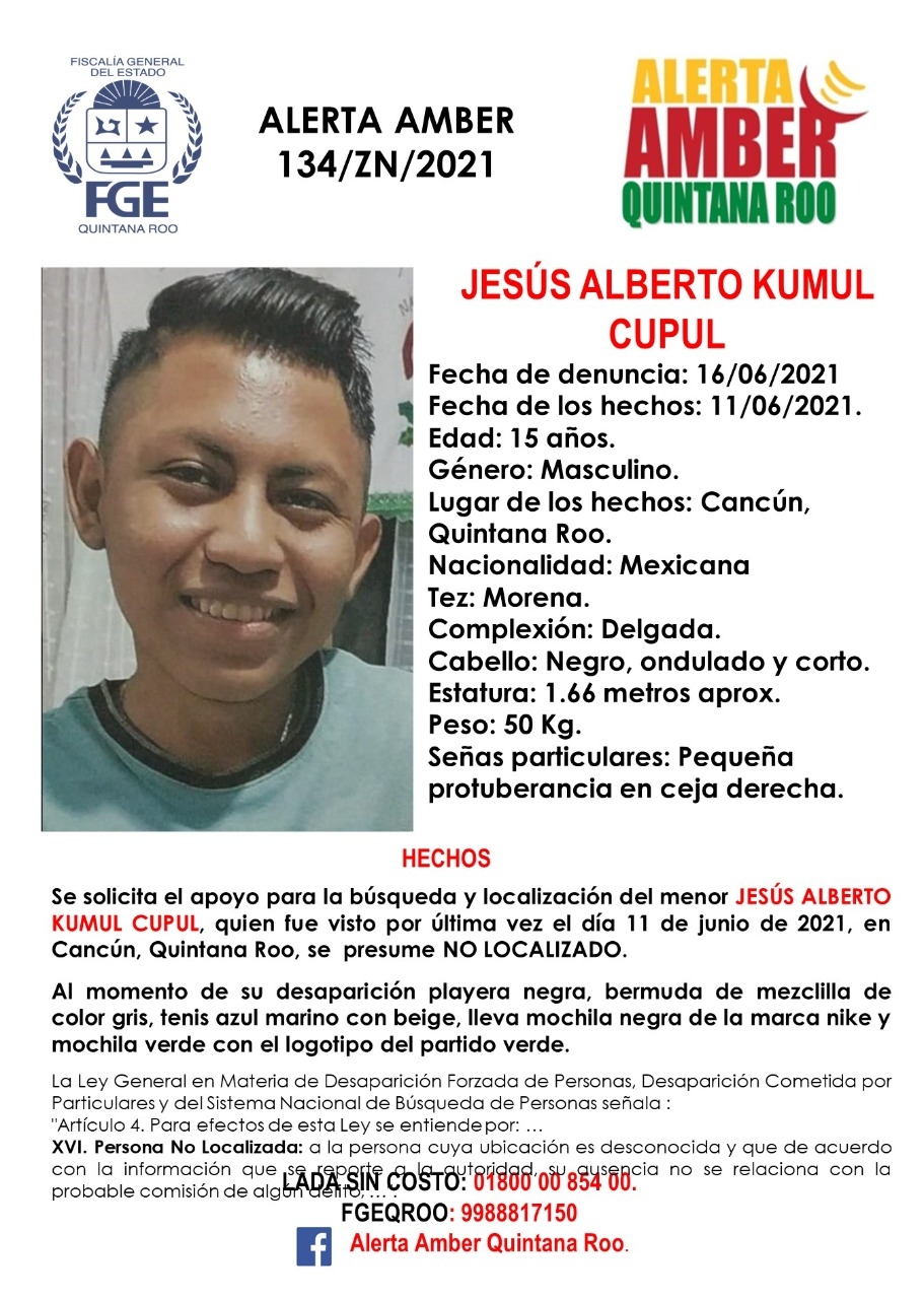 Activan Alerta Ámber tras desaparición de un menor de 15 años en Cancún