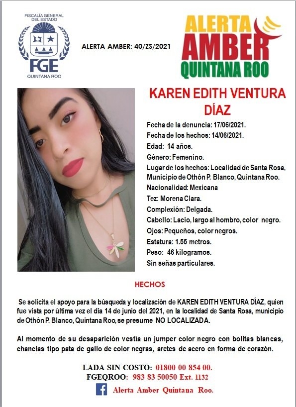 Activan Alerta Ámber por desaparición de menor en localidad de Santa Rosa, Quintana Roo