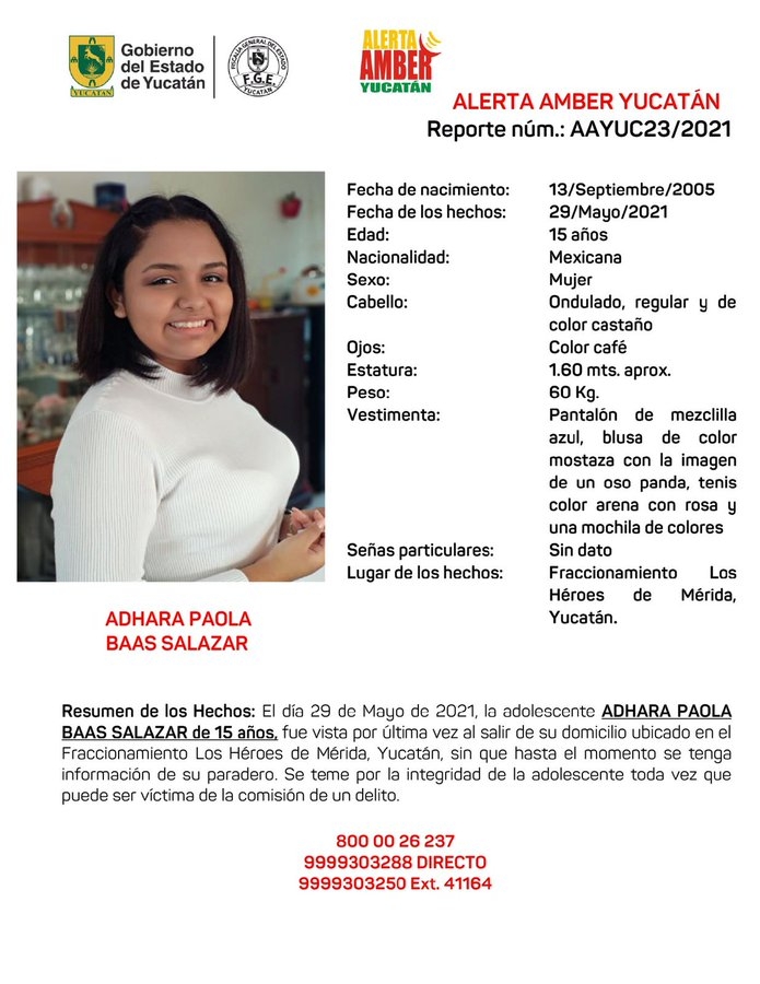 Activan Alerta Amber por desaparición de Adhara Paola Baas Salazar en Mérida