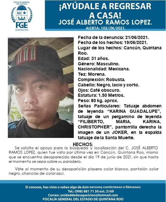 Reportan desaparición de José Alberto Ramos López en Cancún, Quintana Roo