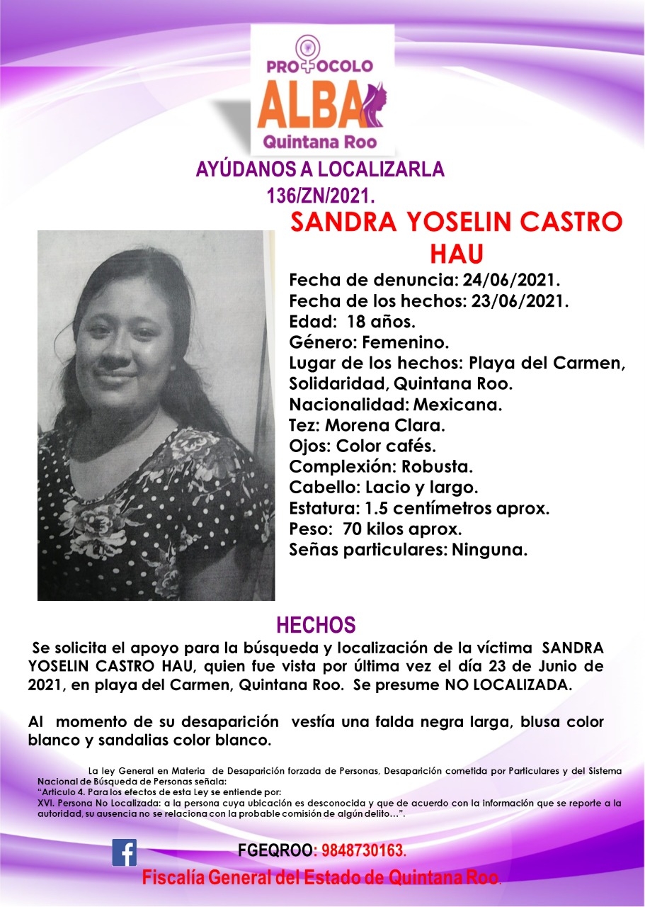 Activan Protocolo Alba por desaparición de mujer de 18 años en Playa del Carmen