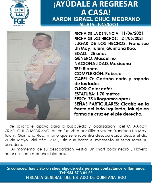 Reportan desaparición de Aarón Israel Chuc Medrano en Tulum, Quintana Roo