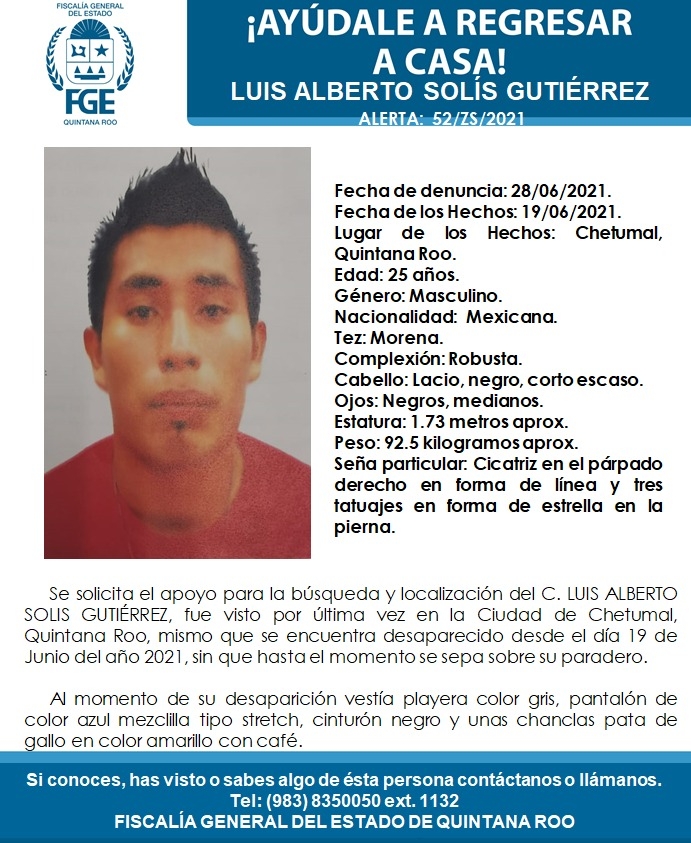 Reportan desaparición de Luis Alberto Solís Gutiérrez en Chetumal, Quintana Roo