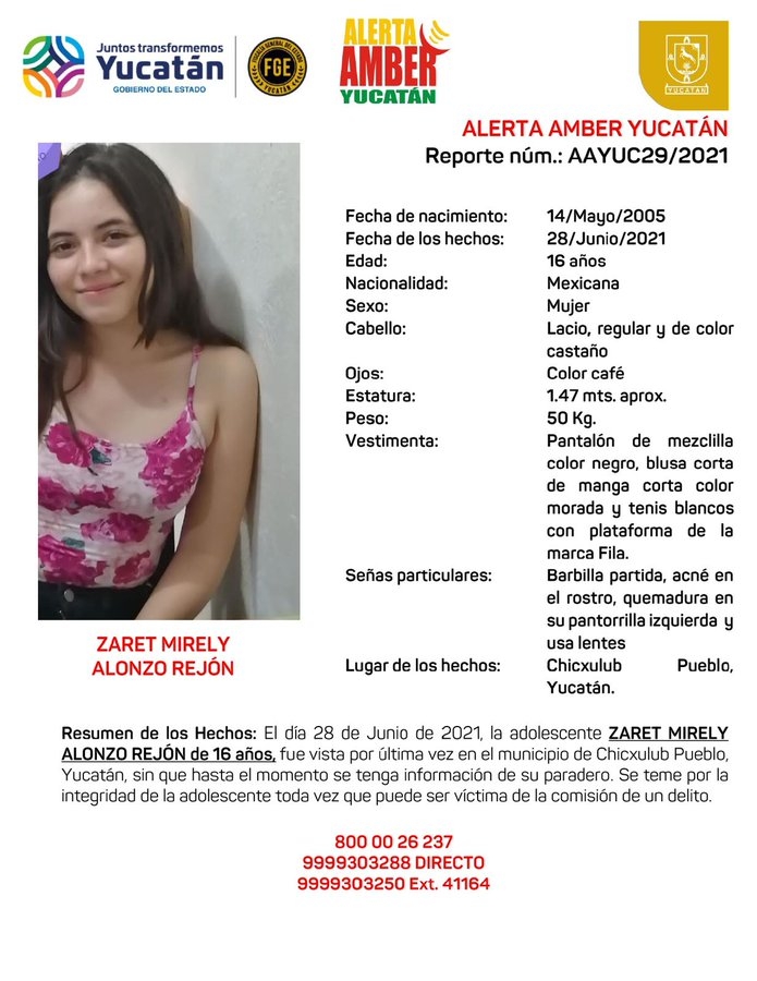 Yucatán activa alerta Amber por Zaret Mirely Alonzo Rejón de 16 años