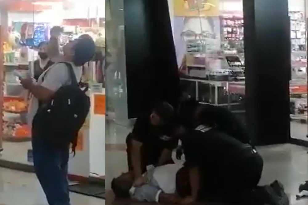 La víctima del hombre se mantuvo en el lugar mientras los guardias de seguridad de Plaza las Américas de Cancún sometían a su agresor