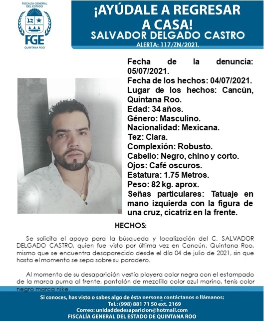 Piden apoyo para localizar a Salvador Delgado Castro, desaparecido en Cancún