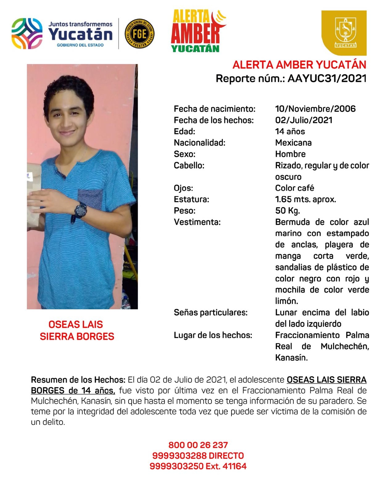 Yucatán activa Alerta Amber para hallar a Oseas Lais Sierra Borges, de 14 años