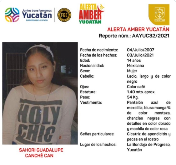 Activan Alerta Amber por desaparición de Sahori Guadalupe Canché en Progreso, Yucatán