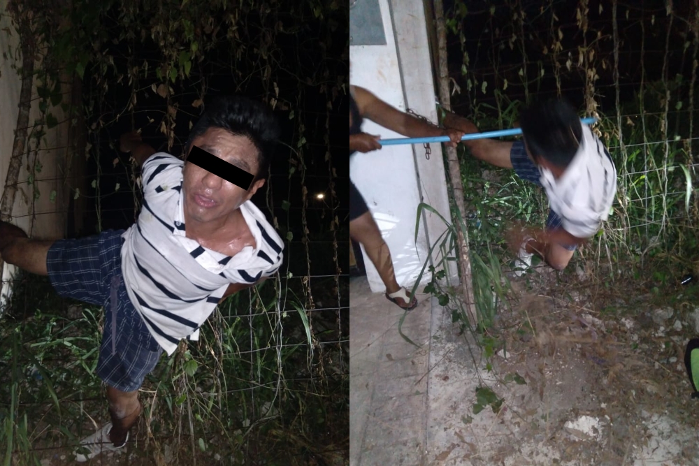 Vecinos apalean a ladrón de casas atorado en una malla en Cozumel: VIDEO