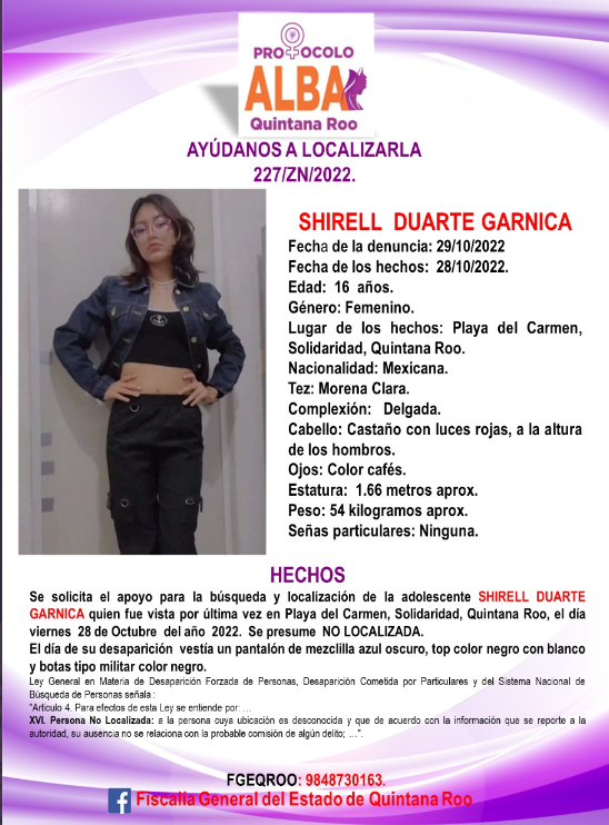 Según se informó, la niña desapareció el 28 de octubre de 2022. Fue victo por última vez en el municipio de Solidaridad, Quintana Roo.