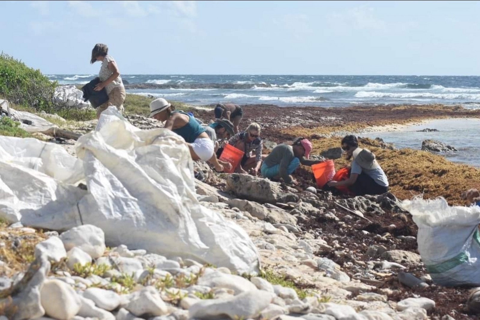 La basura, en su mayoría plástico, fueron retirados de la orilla de una de las playas de Mahahual a modo de prevenir la muerte de tortugas