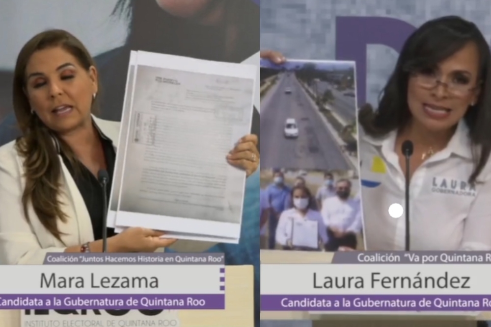 Mara Lezama (izq.) y Laura Fernández (der.) mostraron información sobre la otra durante el debate en Quintana Roo