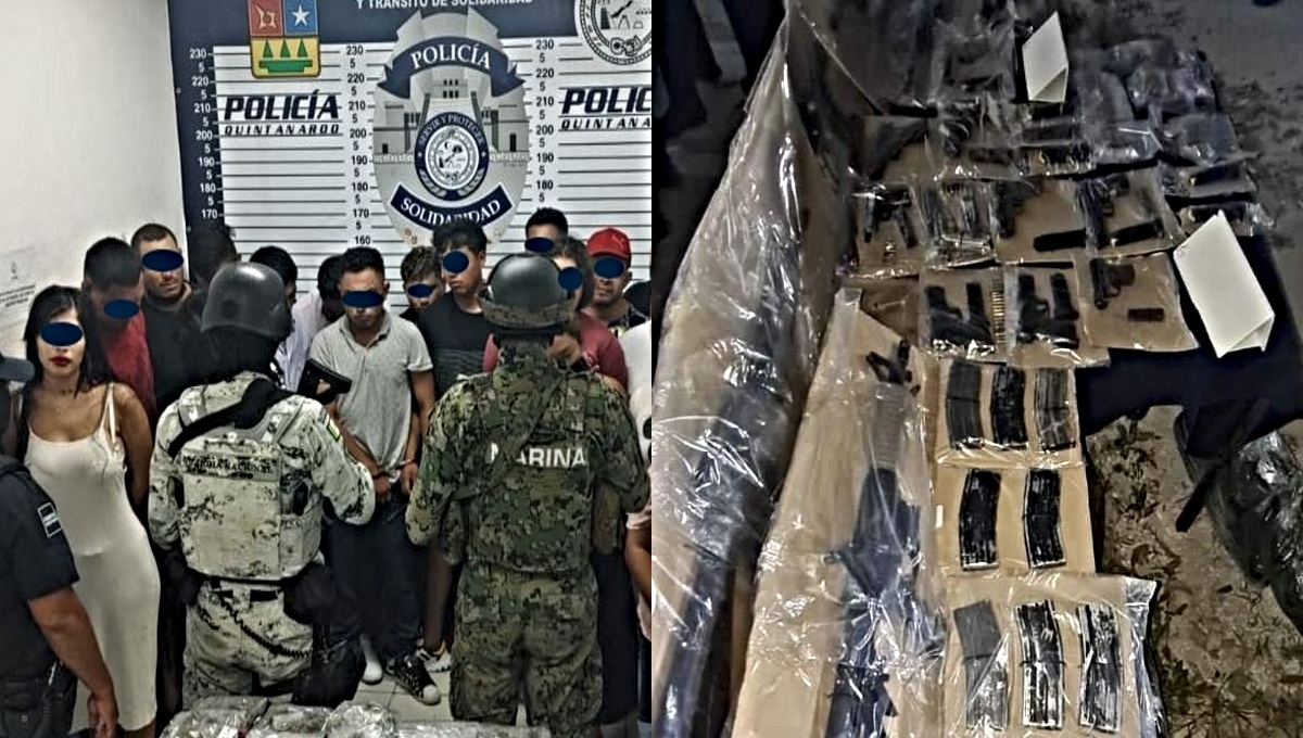 La movilización policíaca con la que se detuvo al “El Rizos”, líder de una banda criminal en Playa del Carmen, también logró el aseguramiento de todo un arsenal. Foto: FGE QRoo