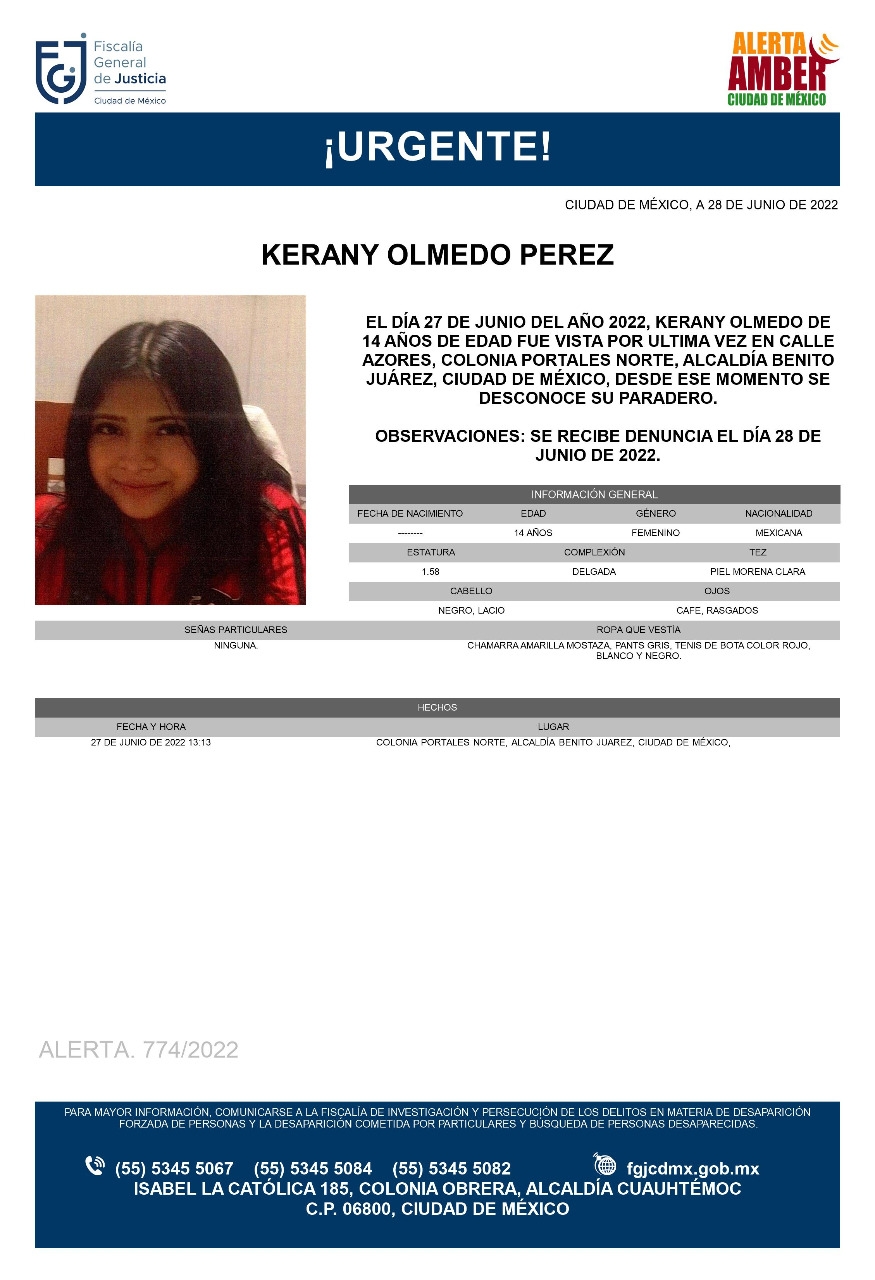 Kerany Olmedo lleva ocho días desaparecida; se le vio por última vez en la colonia Portales de la CDMX