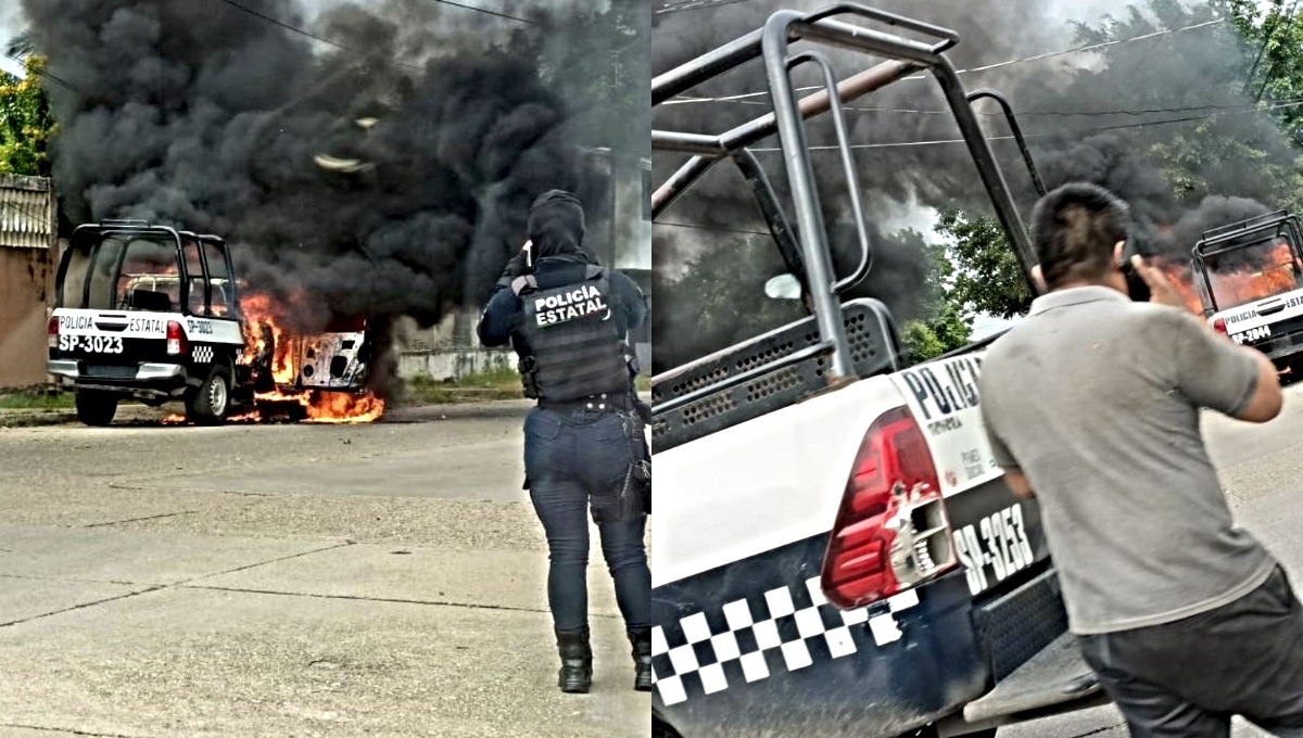 Dos patrullas de la Policía Estatal fueron incendiadas con bombas molotov en Coatzacoalcos, Veracruz. Foto: Especial