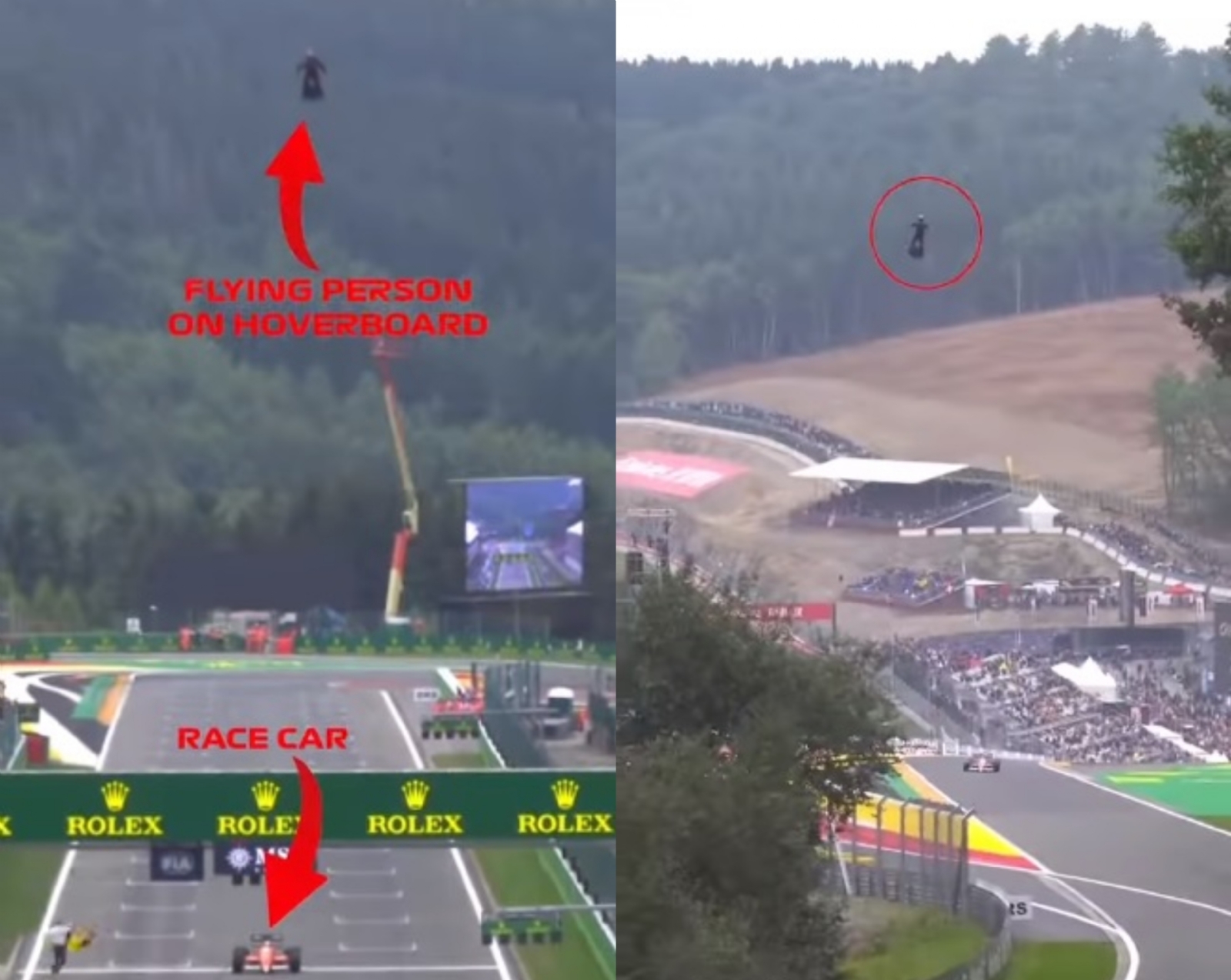 ¡Hoverboard vs coches de carreras! Hombre 'vuela' sobre los monoplaza durante el GP de Bélgica: VIDEO