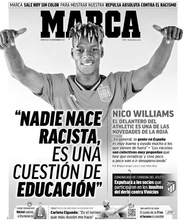 Las páginas del Diario Marca salen en blanco y negro; se une al racismo en España