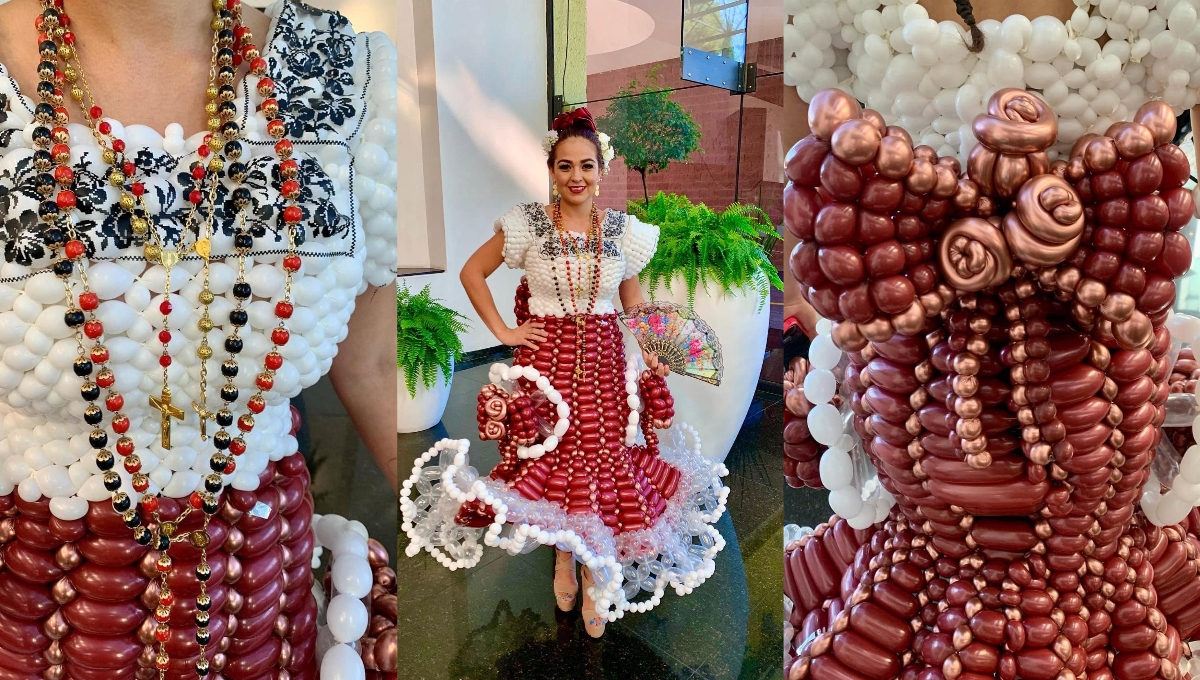 ¡Impresionante! Joven crea traje típico de Campeche con globos: FOTOS