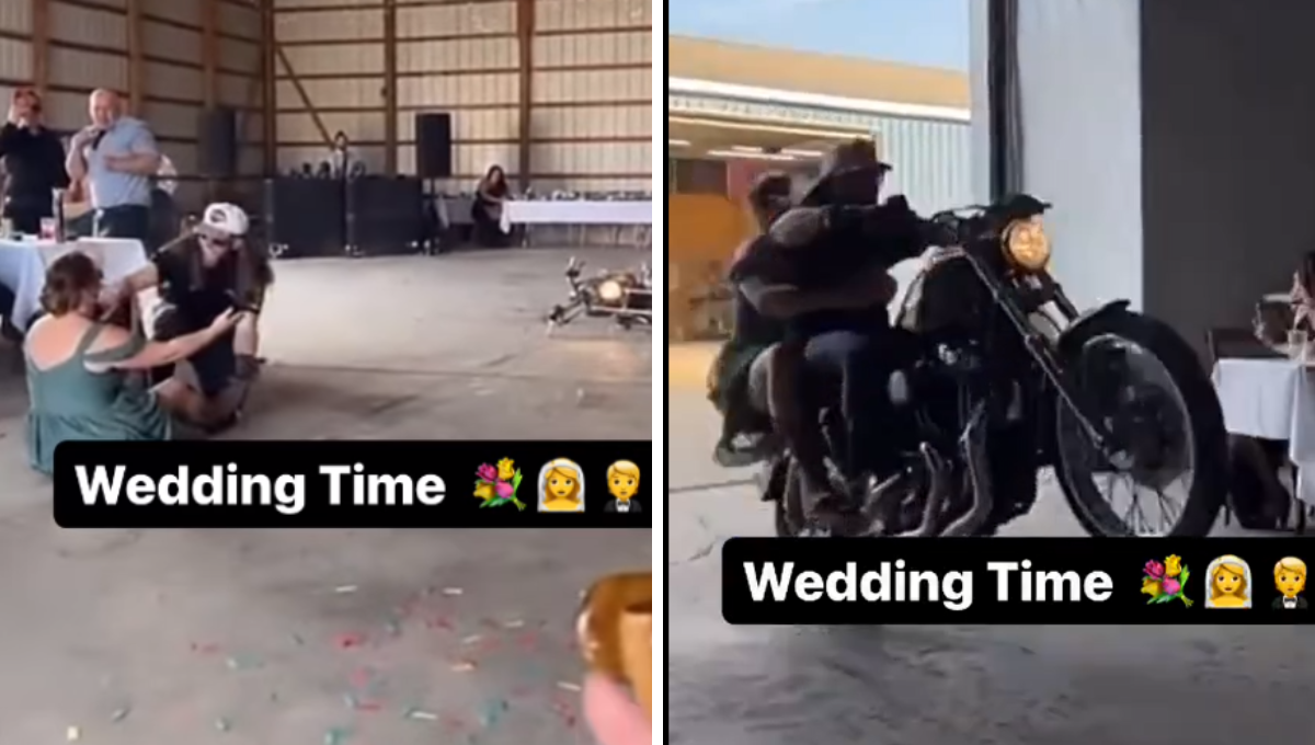 Novios entran en moto a su boda y acaban en el suelo por hacer un "caballito" : VIDEO