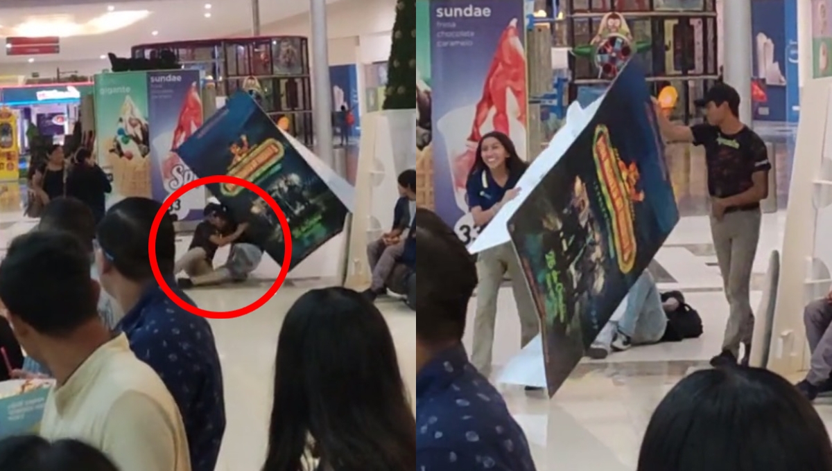 Empleado de Cinépolis en Mérida taclea a un joven por intentar robarse un cartel: VIDEO