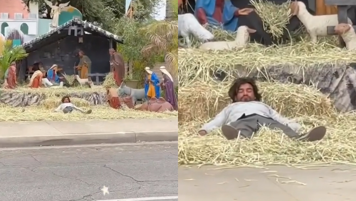 Ebrio se queda dormido en un pesebre de Navidad; reviven video en redes