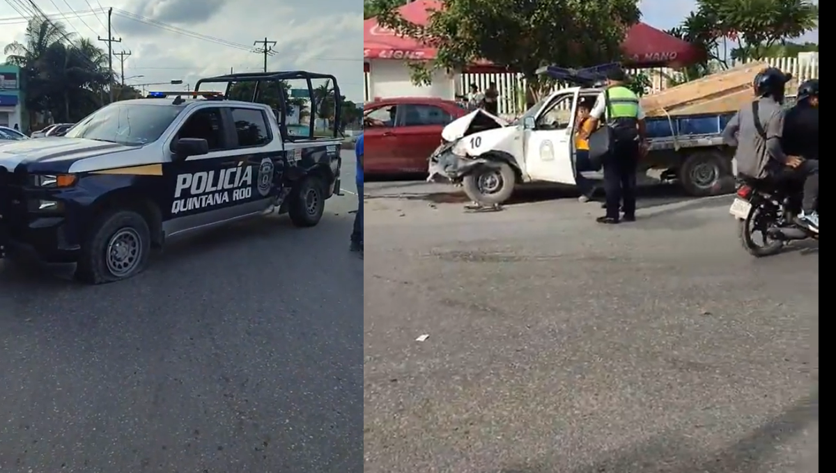 Patrulla de la Policía de Cancún choca contra un automóvil en la avenida Lak'in