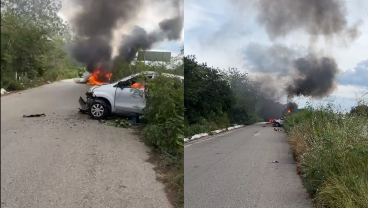 El choque dejó un auto incendiado en la Mérida-Tecoh