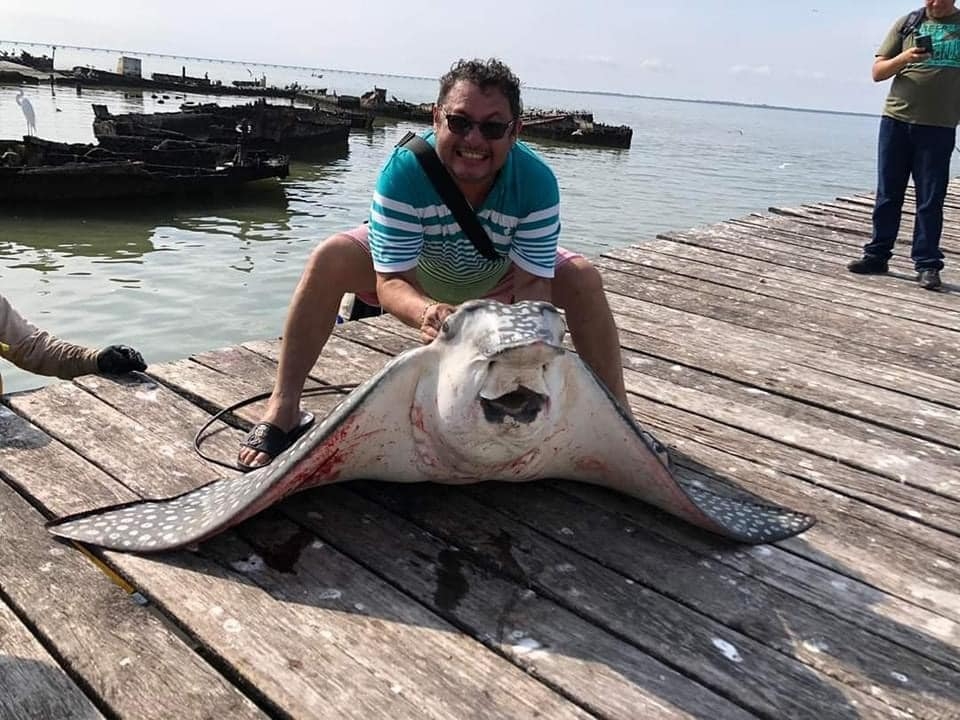 Pescadores capturan gigantesco pez raya en Isla Aguada, Campeche