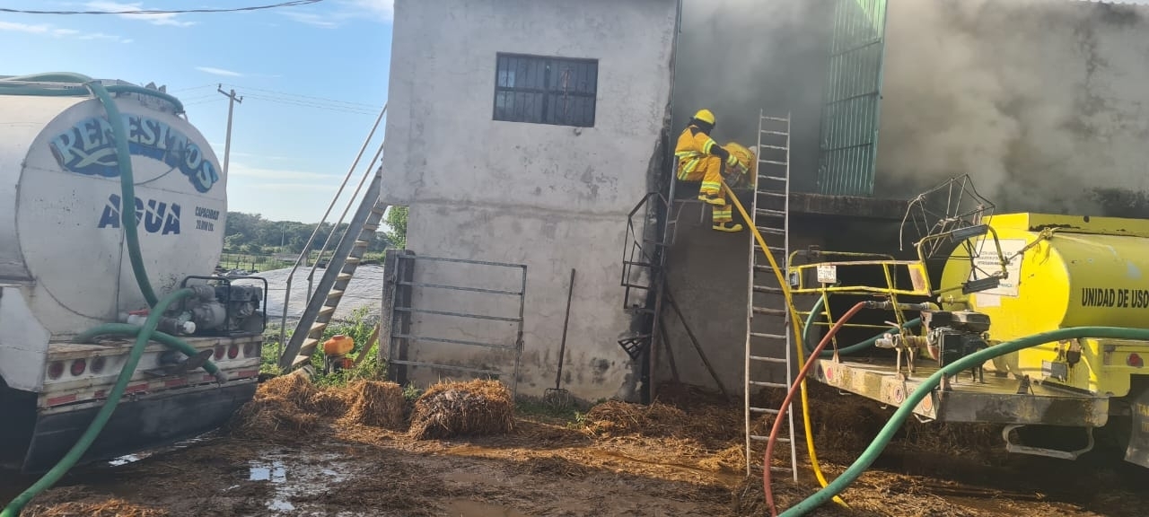 Bomberos sofocan incendio de pacas de zacate en Candelaria, Campeche