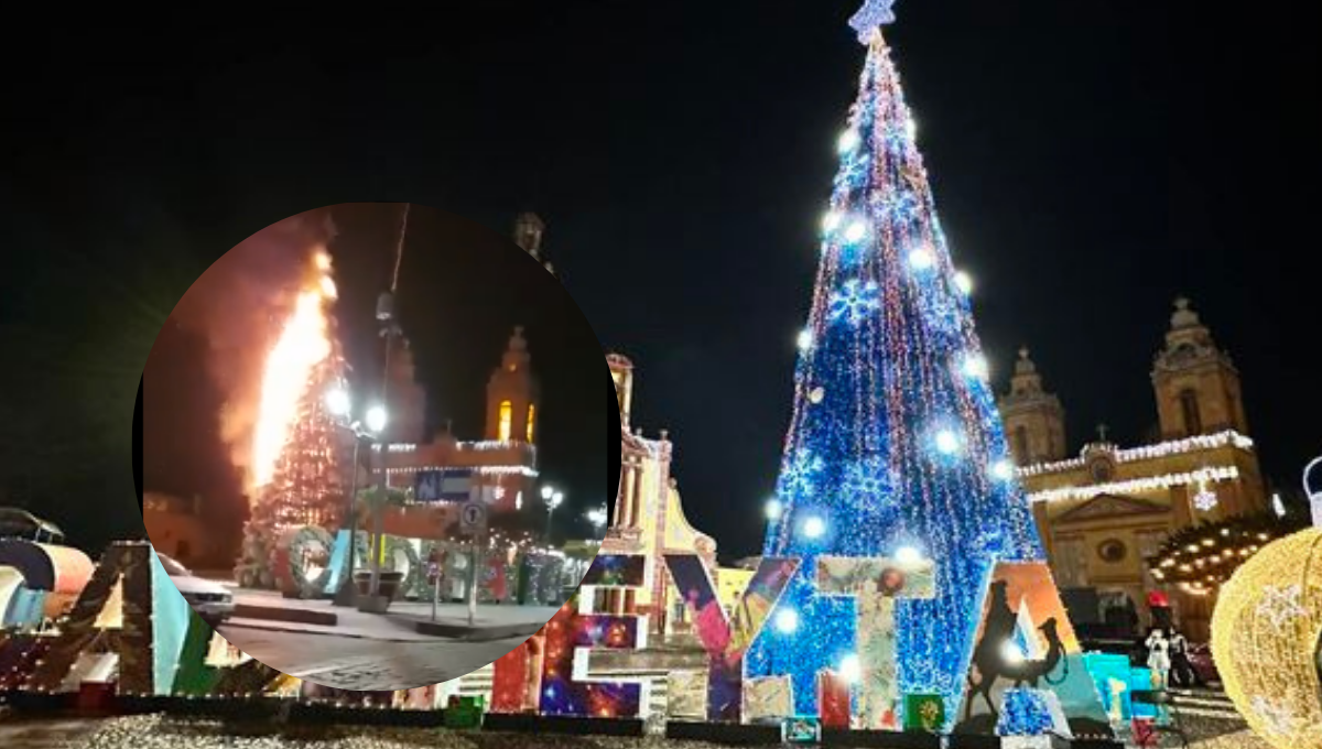 Fuego consume árbol de Navidad en el Centro Histórico de Cadereyta, Querétaro: VIDEO