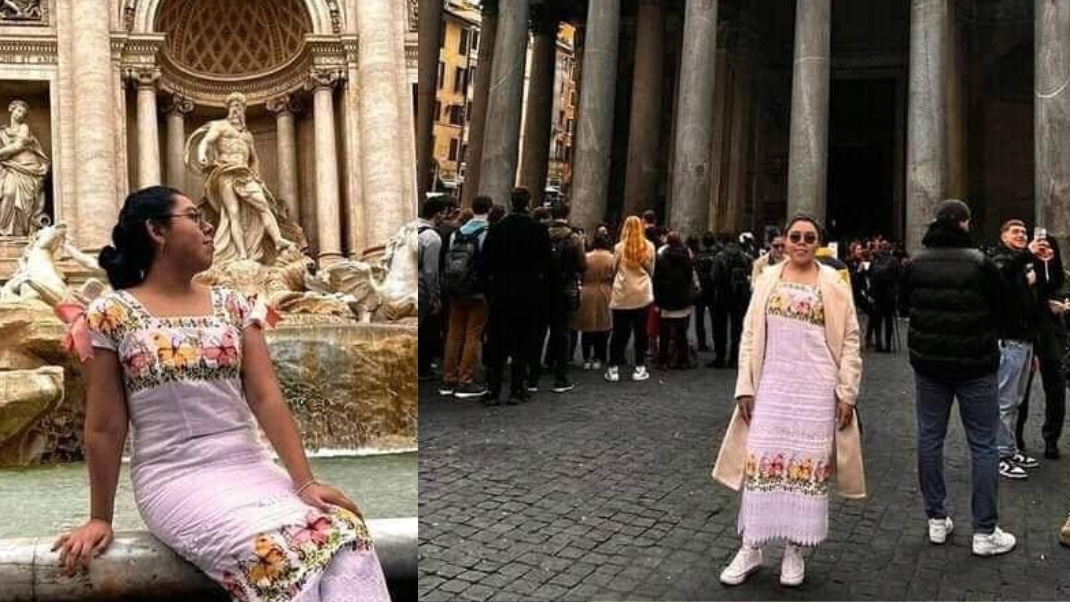 Yucateca enamora a Roma con tradicional hipil