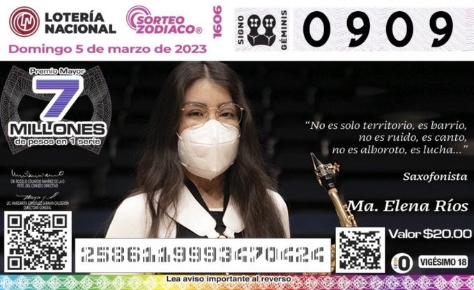 Saxofonista María Elena Ríos será la imagen de un 'cachito' de la Lotería Nacional