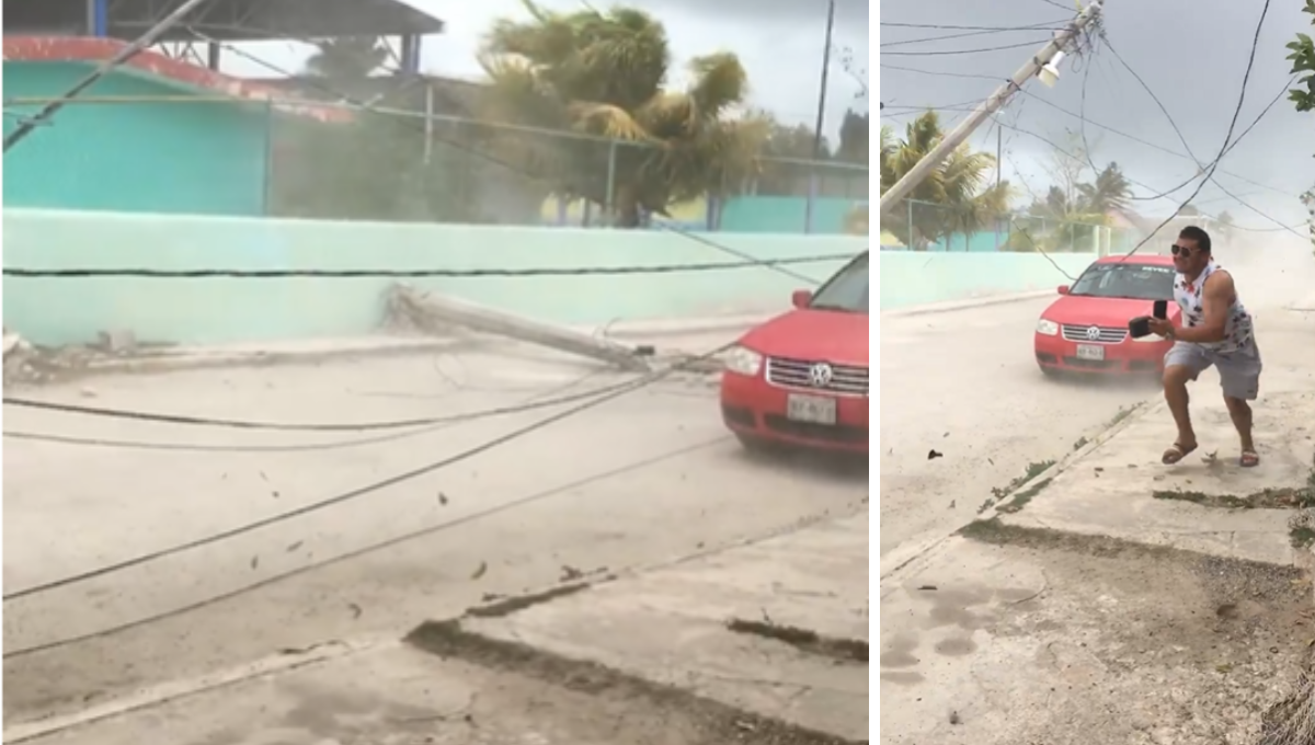 Hombre se salva de morir aplastado por un poste en San Felipe, Yucatán: VIDEO