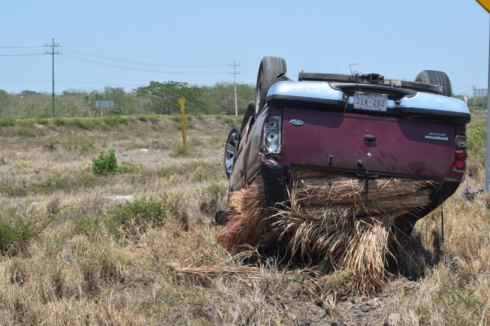 Camioneta cargada de pasto vuelca en la carretera Mérida-Progreso