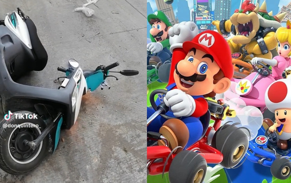 ¡Como en Mario Kart! Motociclista derrapa por una cáscara de plátano en Nuevo León